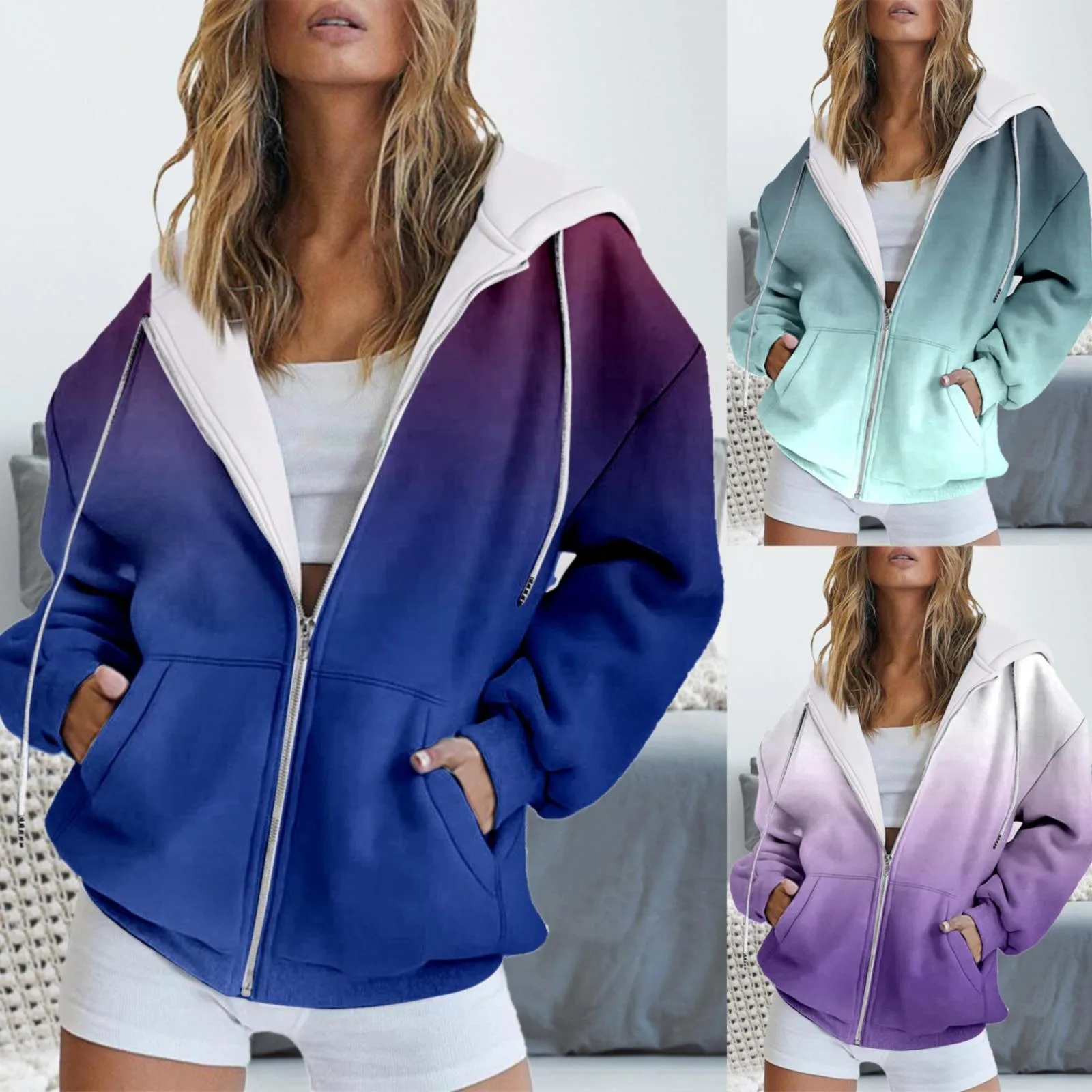 Spring And Autumn Fashion Hooded Sweatshirt Long Sleeve Pocket Zipper Sports Jacket Zipper Sweater Dress Womens Side Zip Hoodie