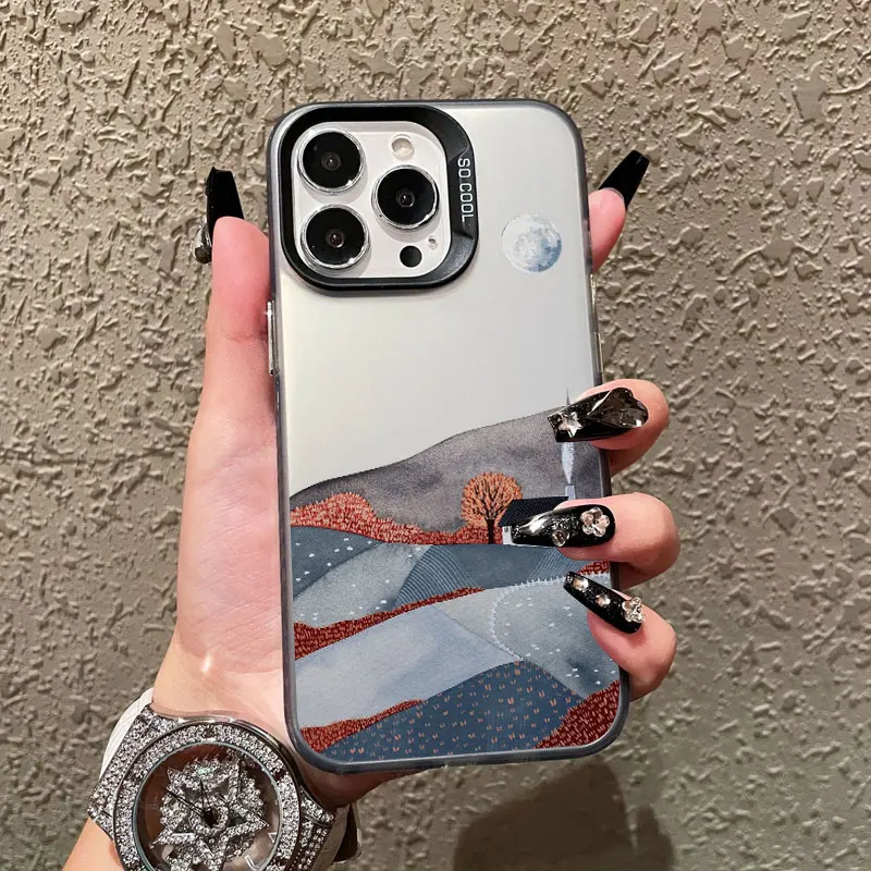 Mountain Landscape Cottage Minimalist Style Painting Phone Case For IPhone 16 15 Plus 16 15 14 13 12 11 Pro Max Mini Laser Cover – Detail 7