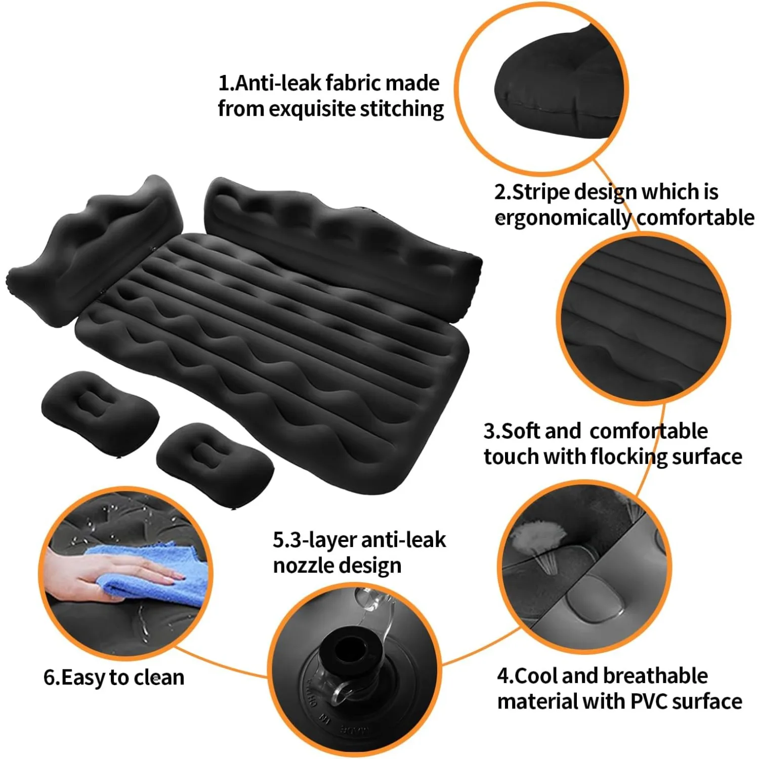 Inflatable Air Mattress Flocking Portable Foldable Thickened Backseat Air Mattress for SUV Car Outdoor with Pump