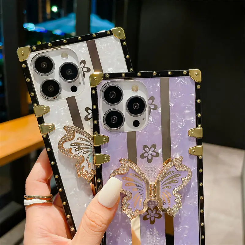 Diamantindlagt telefoncover til iPhone 15 Pro Max 13 12 11 XR 14 Puls Hard Akryl Stor Border Butterfly Bracket Cases_voghion.com