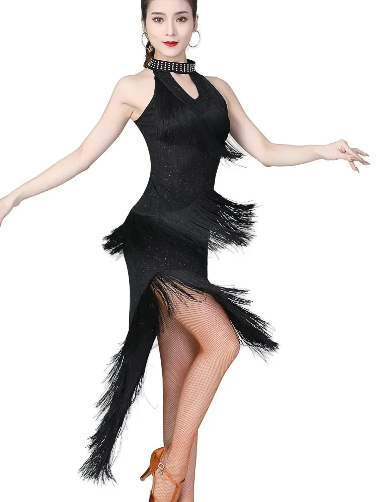 

Sleeveless Latin Dance Practice Waltz Dress Adult Modern Belly Costume Sequins Competition Stage Jazz Tassel Sports Vestidos