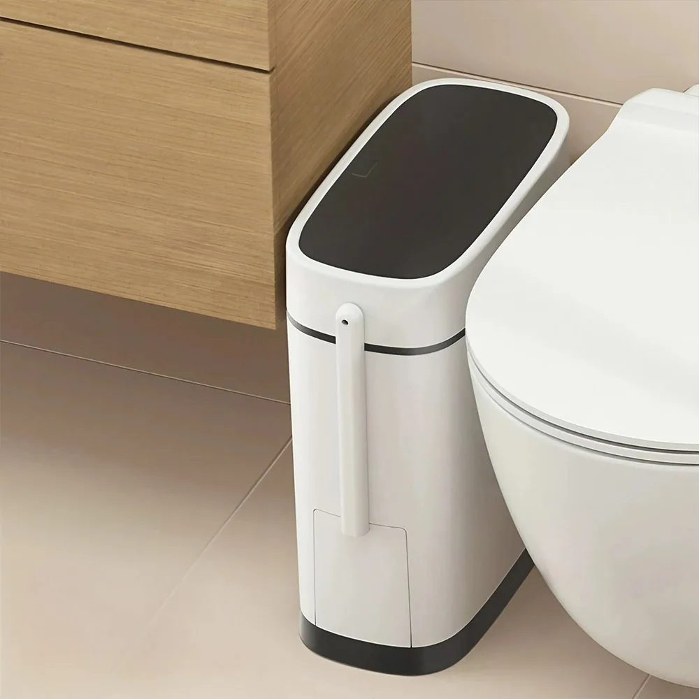 Voltsify Space-Saving Narrow Body Press Lid Rubbish Bin, PP Odor Proof Sorting Household Waste Can with Built-in Toilet Brush