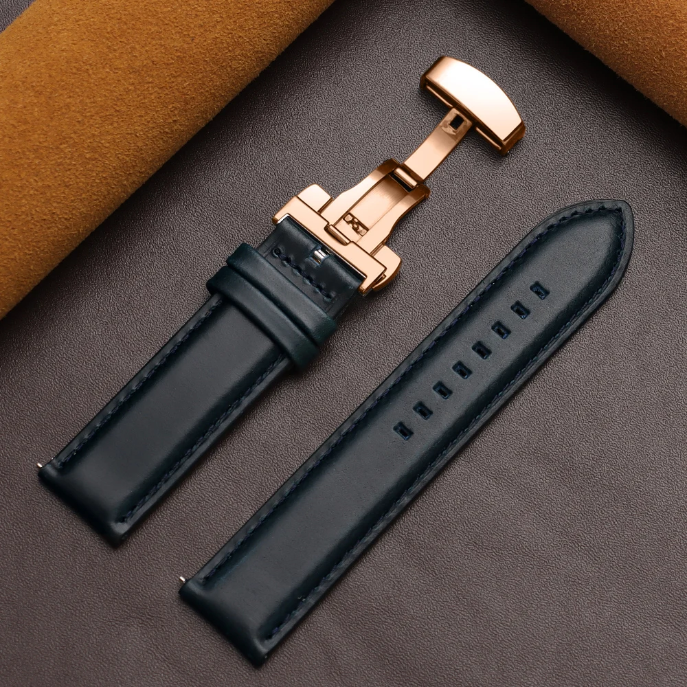 Luxurious Dark Brown Calfskin Leather Watchband with Butterfly Buckle