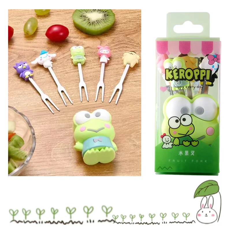 5pcs Kawaii Cartoon Dessert Fruit Forks Anime Keroppi My Melody Cinnamoroll Silicone Doll