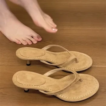 Brand Suede Fashion Slippers For Women Luxury Simple Round Toe Stiletto Mid-heel Versatile New Stiletto Summer Elegant Flip-flop