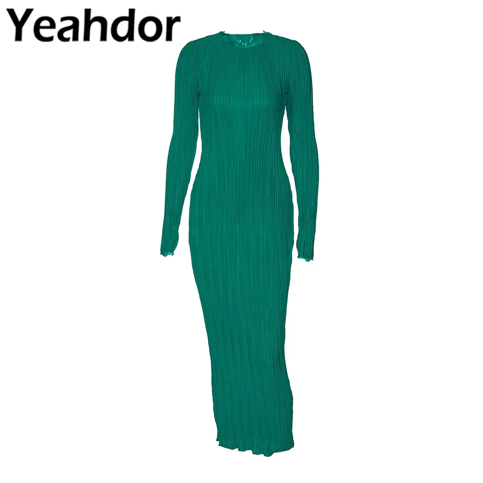 

Womens Casual Solid Color Long Dress Round Neck Long Sleeve Ruched Dress Woman Fashion Street Wear Evening Slim Fit Dresses