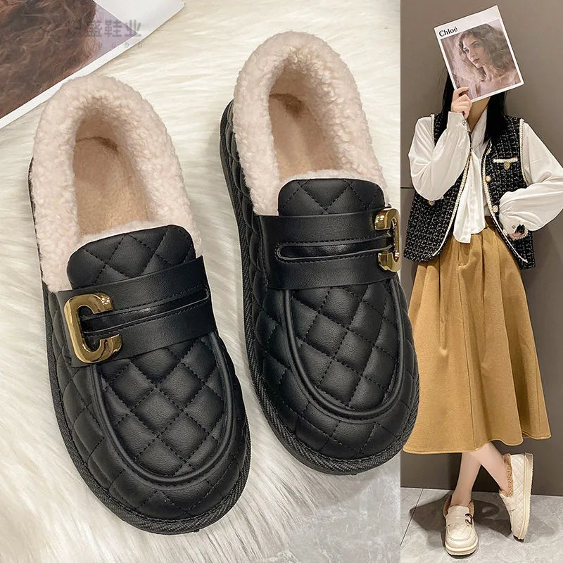 

2023 Fall and Winter Fashion Trend New Women's Padded Warm Soybean Cotton Shoes A Footstool Flat Bottom Non-Slip Le Fu Shoes