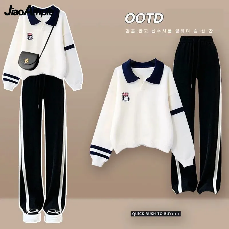 Spring Autumn Woman Tracksuit Set Korean Lady Causal Loose Sweatshirt Wide Leg Pants Two Piece Suit 2022 Sports Clothing Outfits