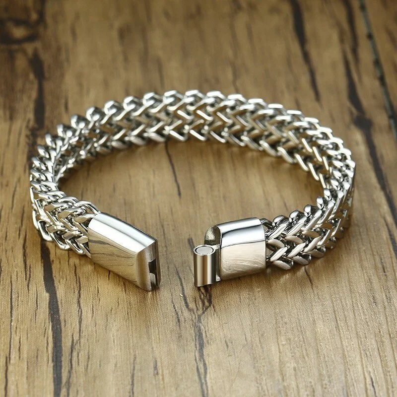 12mm Stainless Steel Men's Silver Color One Chain Double Rows Wristband Magnetic Clasp Bracelet titanium steel bracelet