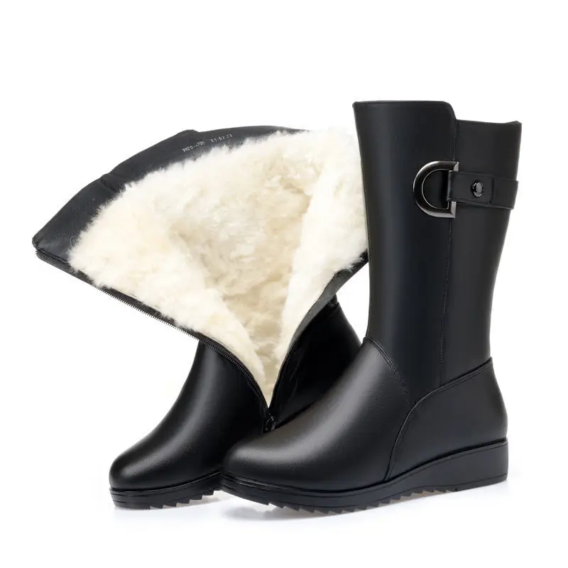Winter Boots Genuine Leather Female Boots High-heeled Women Long Boots Warm Snow Boots Lady Fashion Non-slip Thick-soled Boots