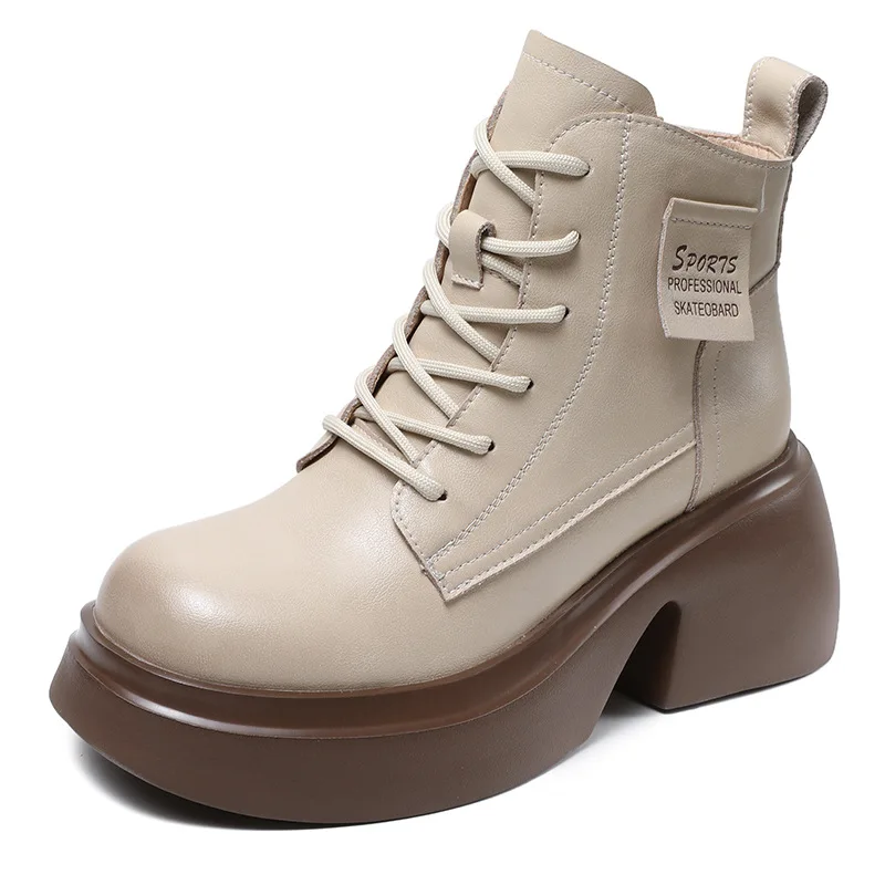 

ZXRYXGS 2023 Popular Autumn Winter Boots Cross Strap Side Zipper Genuine Leather Boots Women Thick Sole Increase High Heel Boots