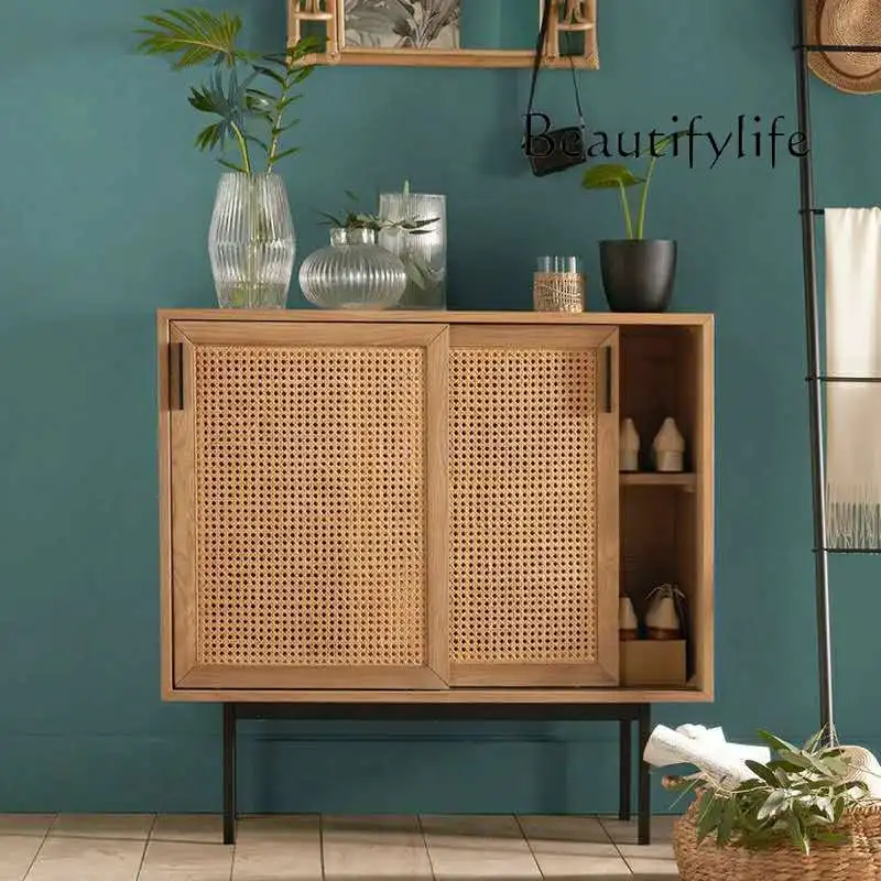 

Japanese-Style Rattan Sideboard Cabinet Household Solid Wood Iron Hallway Cabinet
