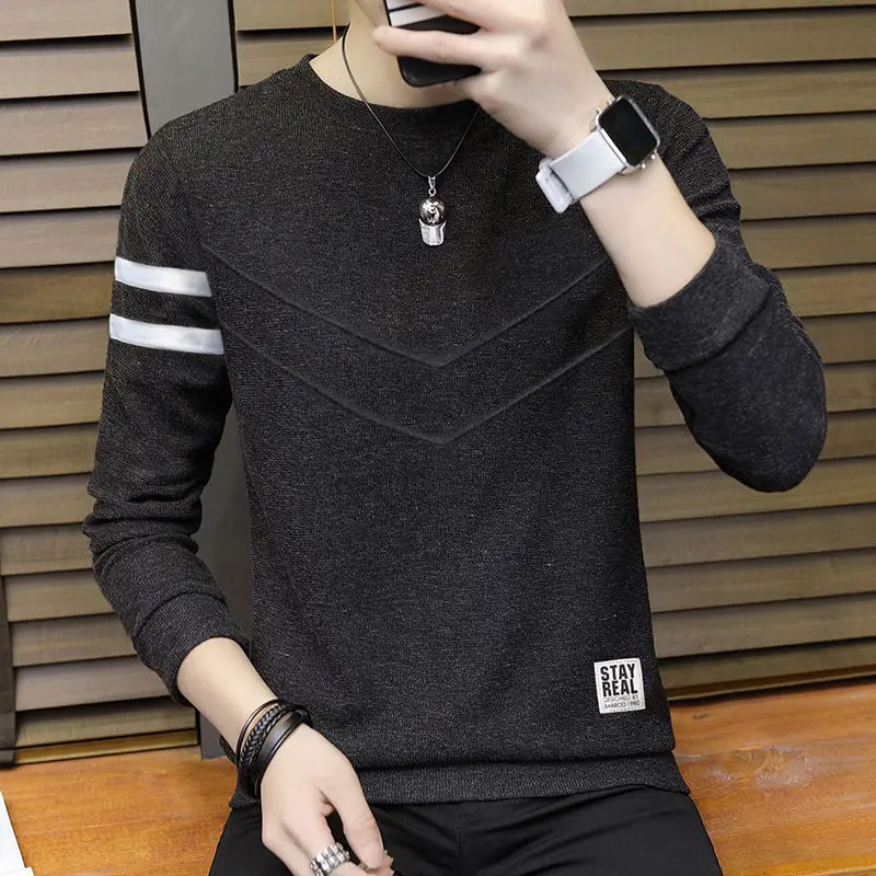 2023 Spring  Autumn Men Long Sleeves T-shirt New round Neck Sweater Men Trendy Base Shirt Autumn Cloth Korean Style Top Clothes
