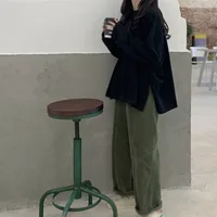 Women T-shirt Slit Loose Oversize Tees Solid Round Neck Simple Dress  Fashion Ladies  Casual Autumn  Long Sleeve Basic Tops - Image 4