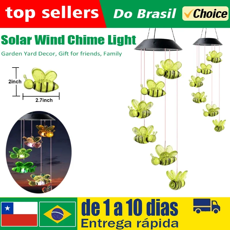 1pc Solar Powered Color Changing Bee Wind Chime Light Waterproof Outdoor Night Light Hanging Solar Lamp Patio Balcony Decoration