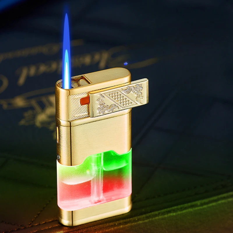 

Sliding Ignition Inflatable Lighter 2 Colors LED Light Transparent Gas Tank Lighter Metal Durable Cigar Lighter Smoke Accesoires