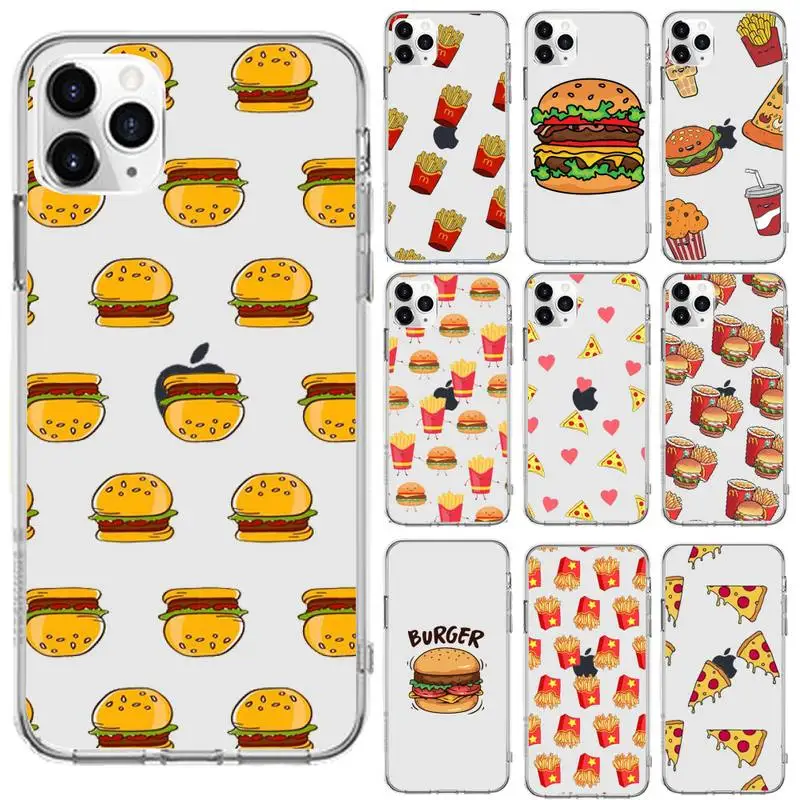 Cute cartoon hamburger fries pizza Phone Case For iphone 13 12 11 8 7 plus mini x xs xr pro max Transparent soft |