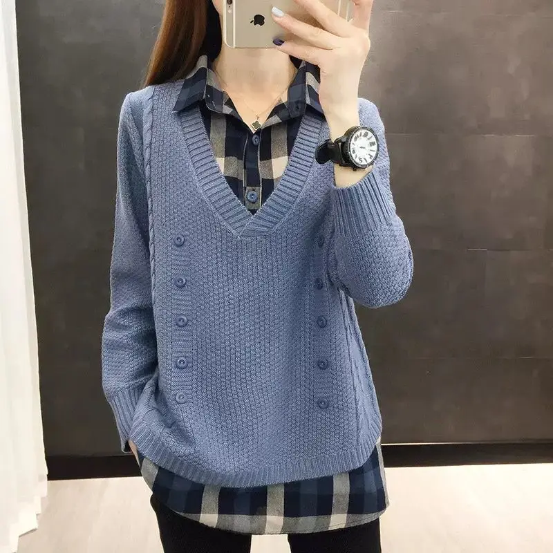 

New Knitted Sweater Women 2023 Autumn Winter Korean Polo Collar Spliced Long Sleeve Pullover Female Plaid Knitwear T105