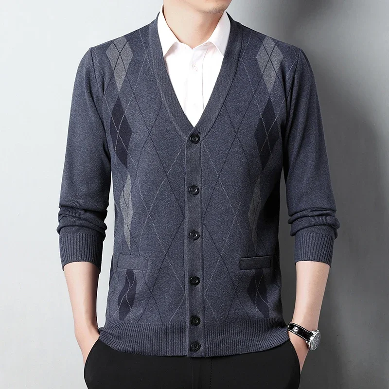 남성용 스트라이프 V넥 긴팔 가디건, 싱글 브레스트 재킷, 스웨터 코트, 가을, 겨울