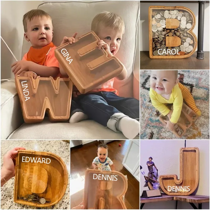 Wooden English Letter Piggy Bank Ins High-Value Net Red Desirable Piggy Bank Children'S Cartoon Gift