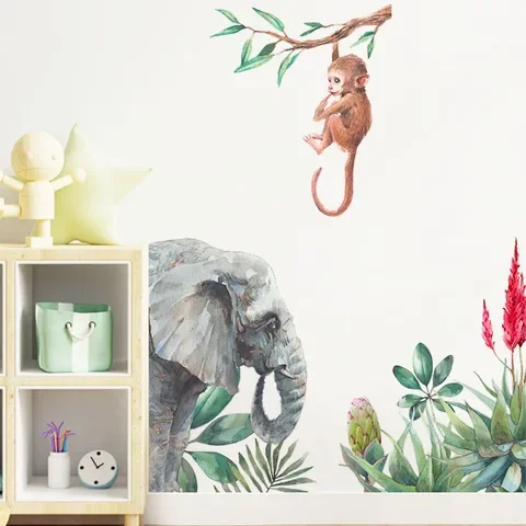 

Cartoon Monkey Elephant Wall Sticker Kids Baby Room Background Home Decoration Mural Wall Edge Bedroom Wallpaper Animal Stickers