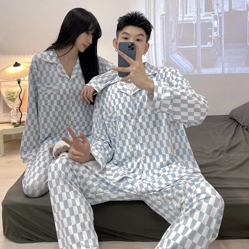 Spring New Style Couple Pajamas Women's Cotton Imitation Long Sleeve Autumn Cardigan Small Lapel Casual Large Men's Home Suit