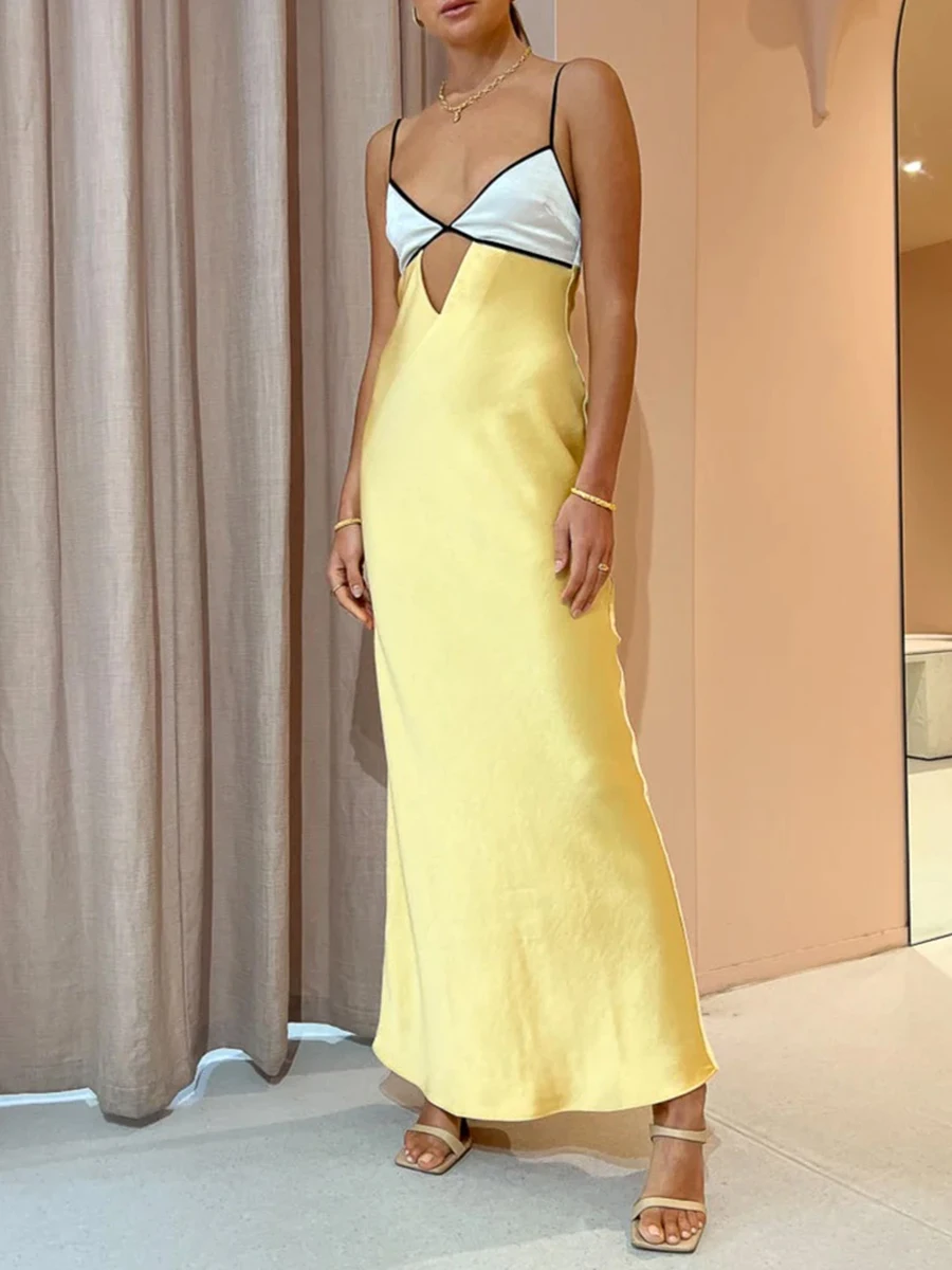 

Women Sleeveless Spaghetti Strap Maxi Dress Slim Hollow Out Satin Long Dress Backless Low Cut Cami Dress Clubwear