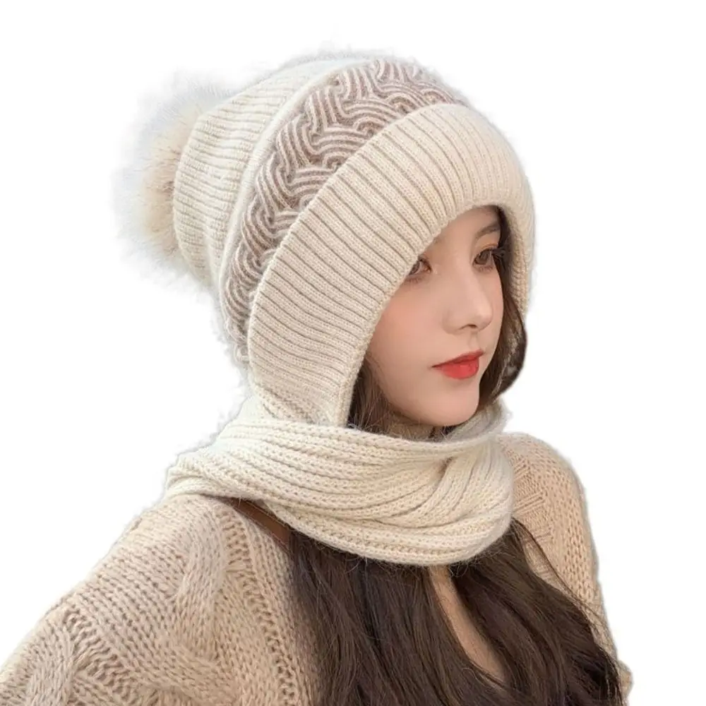 Winter Windproof Integrated Cap Scarf Knitted Thickening Ear Protection Cap Soft Warm Beanie Hat Scarf Women