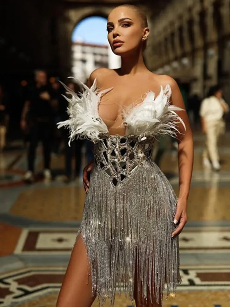 

Women Summer Sexy Strapless Backless Mirror Feather Diamonds Sparkly Mini Bodycon Dress 2023 Elegant Evening Party Dress Vestido