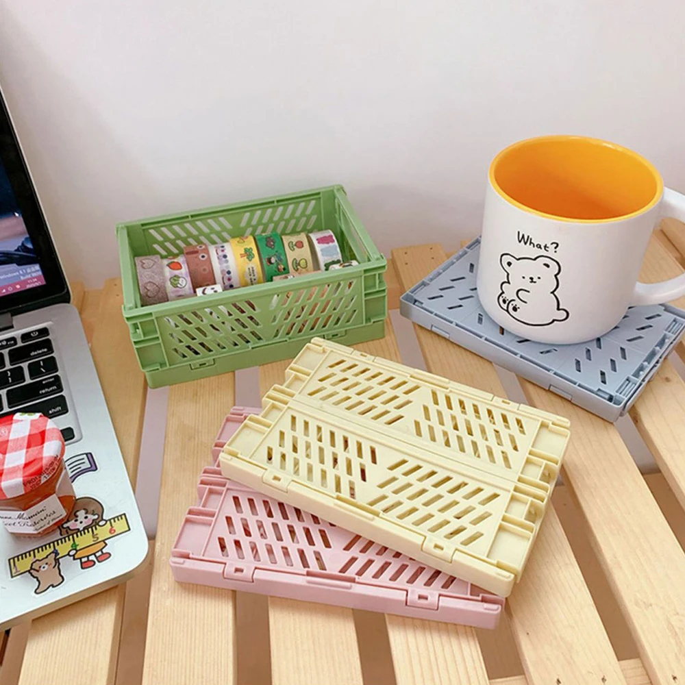 4pcs Mini Folding Plastic Storage Box For Student Desktop Organization, Hand Account Tape, Stationery Placement, Folding Basket