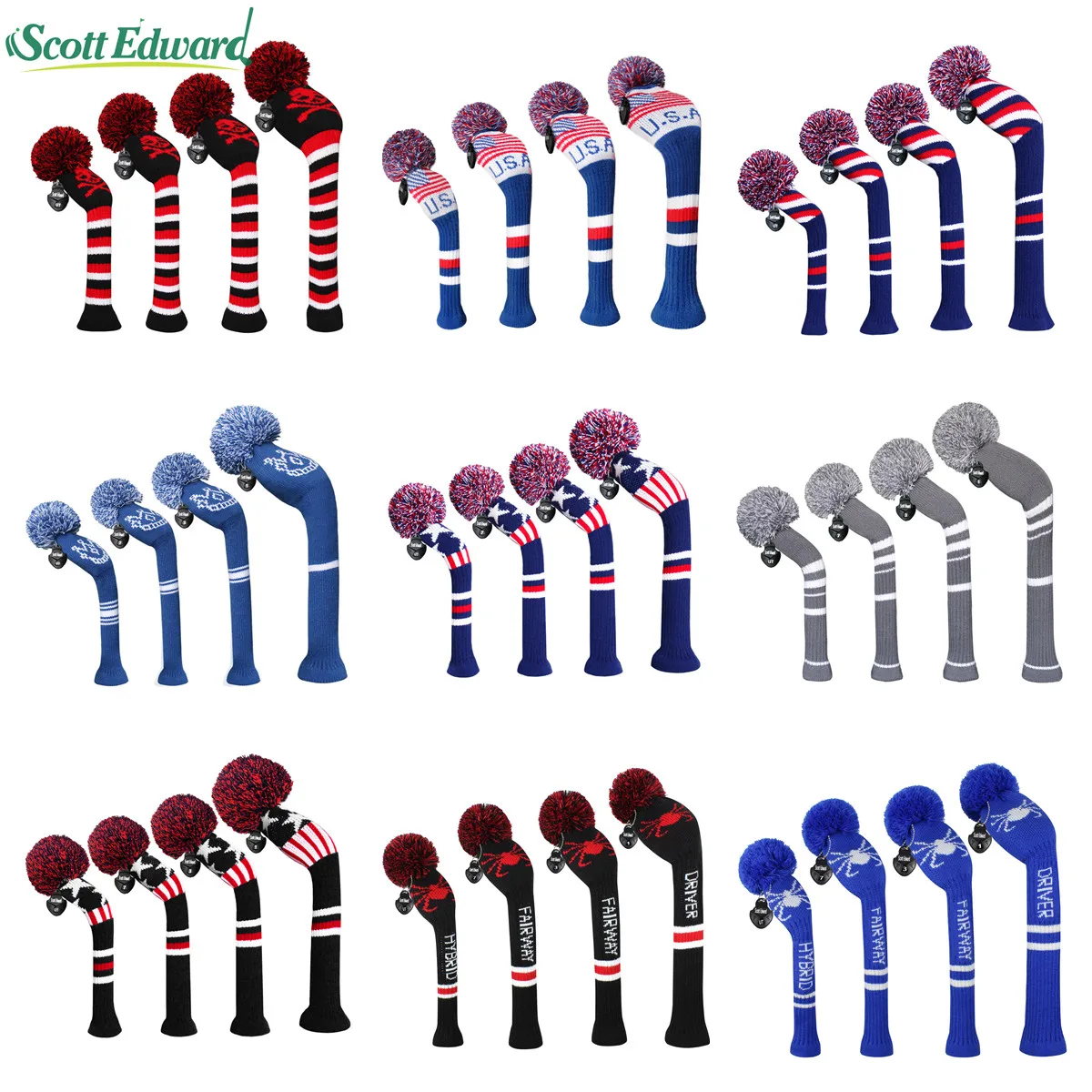 

4pcs New Golf Knitted Pom-pom Woods Headcovers,wood for Driver Fairway Hybrid,1 3 5 Golf Wood with Red/Blue/Gray
