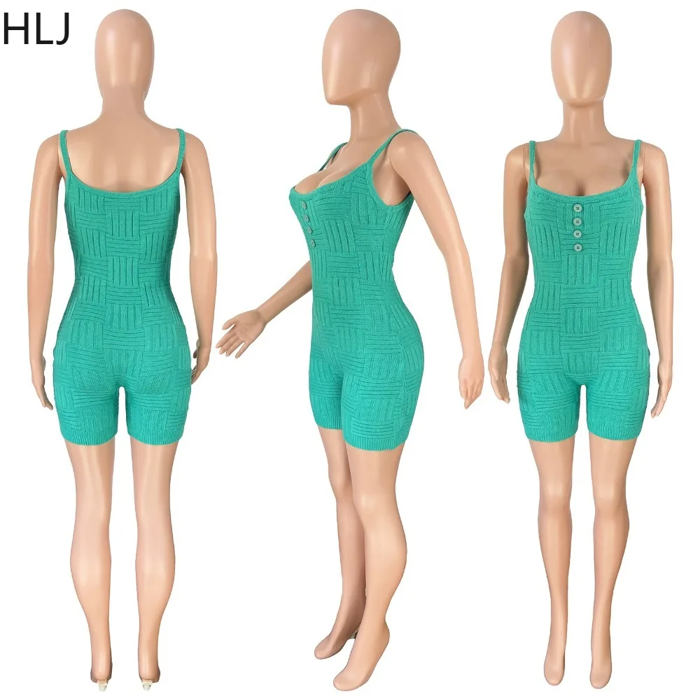 HLJ Summer Solid Color Knitting Button Bodycon Rompers Women Thin Strap Sleeveless Slim Jumpsuits Casual Female Backless Overall