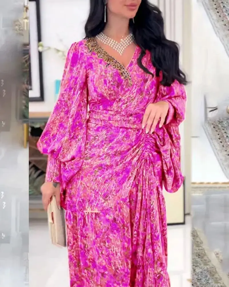 

2023 African Print Dresses for Women Summer Elegant African Lantern Sleeve V-neck Polyester Party Maxi Dress African Dress
