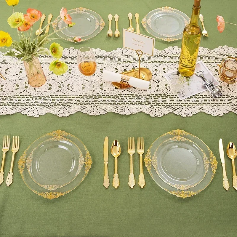 50 People Plastic Plates Dinner White Plastic with Plates Gold Rim Lace Gold for Weddings Celebration