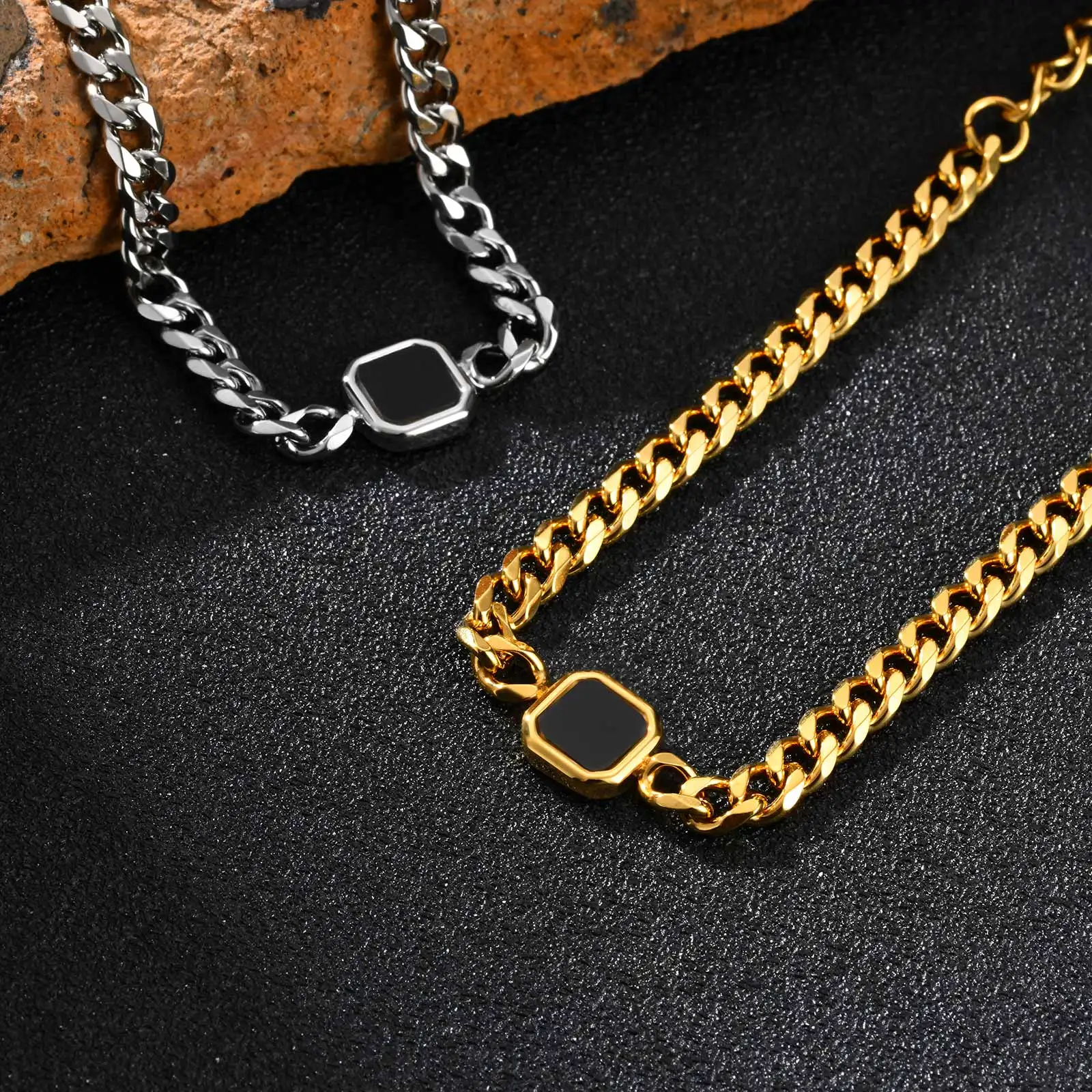 Fashion Chic Square Acrylic Charm Bracelet, Silver Gold Color Stainless Steel Twist Chain Bracelet, Minimalist Jewelry for Men