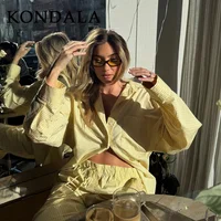 KONDALA 2026 Spring Summer Casual Butter Yellow Striped Women Suit Fashion Vintage Turn Down Collar Loose Shirt Drawstring Pant - Image 4