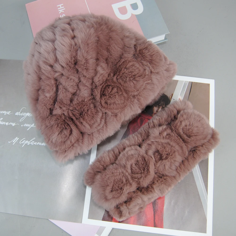 New Fashion Real Fur Hats Scarves Sets Women Winter Knitted Real Rex Rabbit Fur Hat Scarf Ladies Natural Fur Hats Mufflers Sets 3