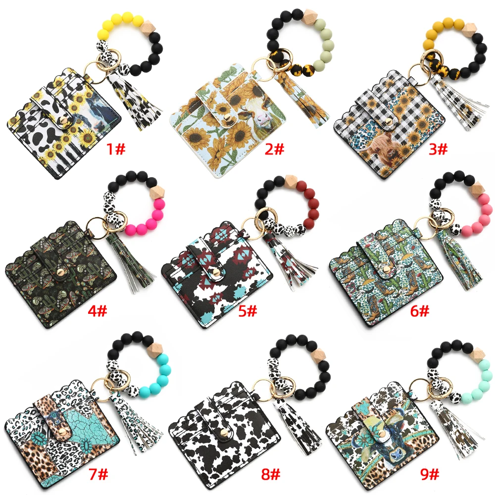 Pulsera de cuentas de silicona de Toro, monedero de cuero Pu, estampado de leopardo, borla, billetera de vaca, llavero con cuentas de silicona, portatarjetas de identificación