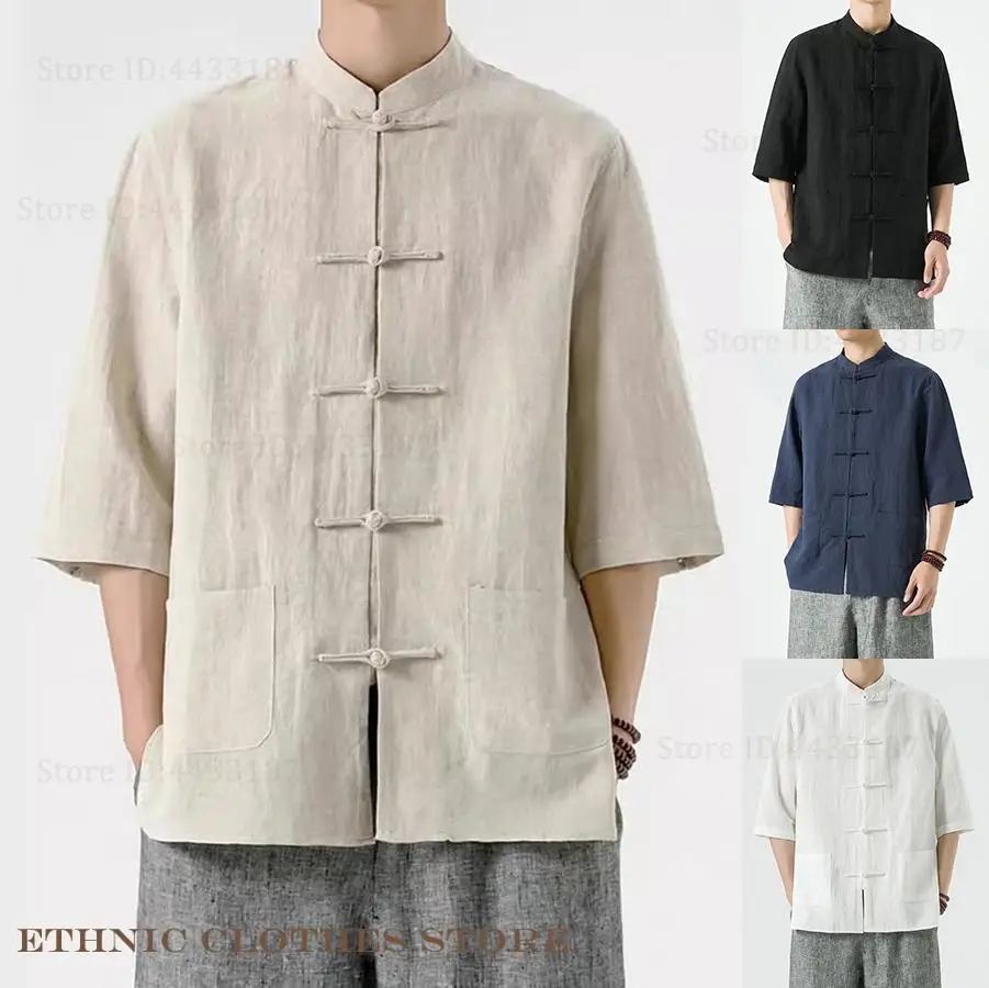 Plus Size 4XL 5XL Men's Shirt Traditional Chinese Clothes Spring Summer Short Sleeve Tai Chi Linen Tang Suit Tops Oriental Hanfu
