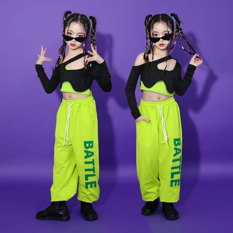 

Kids Teenage Hip Hop Clothing Long Sleeve T Shirt Top Streetwear Green Jogger Pants For Girls Jazz Dance Costume Stage Clothes