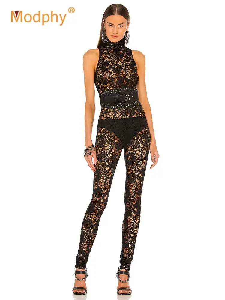 

Sexy Black Sheer Skinny Lace With Belt Jumpsuit For Women'S 2022 New Sleeveless Night Club Night Club Party One Piece Jumpsuits