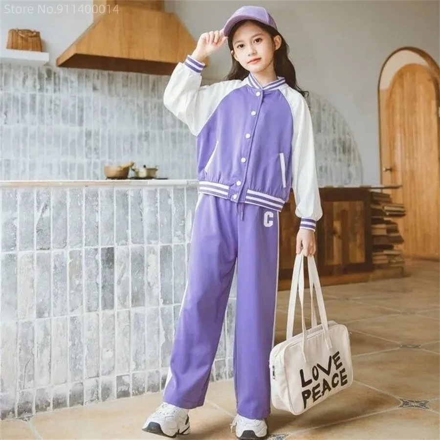 

Спортивный костюм для девочек-подростков, бейсбольная куртка и брюки с широкими штанинами, комплект одежды из 2 предметов для детей 4, 6, 8, 12, 13, весна-осень