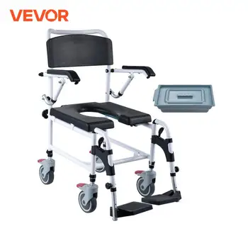 VEVOR Shower Commode Wheelchair with 4 Lockable Wheels Footrests Flip-up Arms 3-Level Adjustable Height 5L Removable Bucket 1