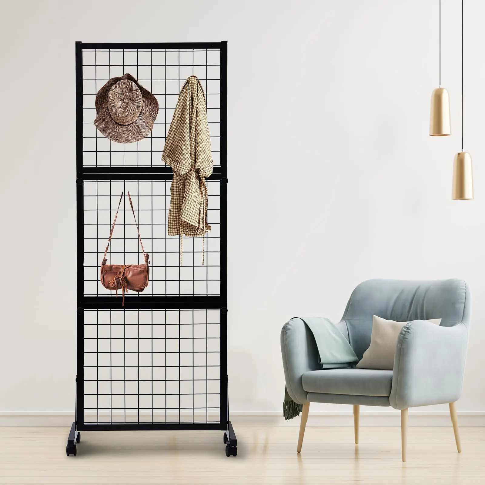 3 Layers Grid Wall Panels with Stand 5.25' x 2' Heavy Movable Wire GridWall Panel Tower with T-Base Floorstanding on Wheels wall mounted organizer