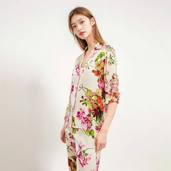 Floral Mulberry Silk Pajama For Women Autumn Half Sleeves Sleepwear Sexy Lingerie Lapel Pajama Sets Female Night Clothes Pyjamas