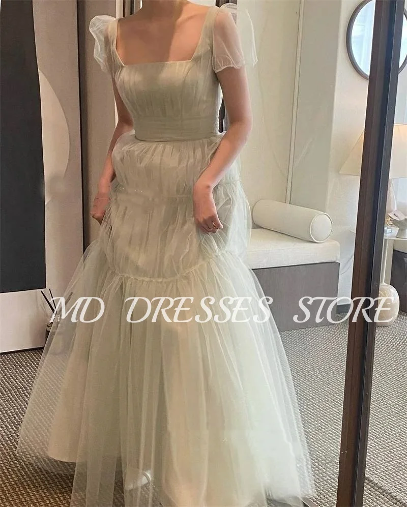 MD A-line Fairy Mint Green Wedding Dresses Puff Short Sleeves Bride Gowns Korea Tiered Photoshoot Square Neck Customized 2025 5