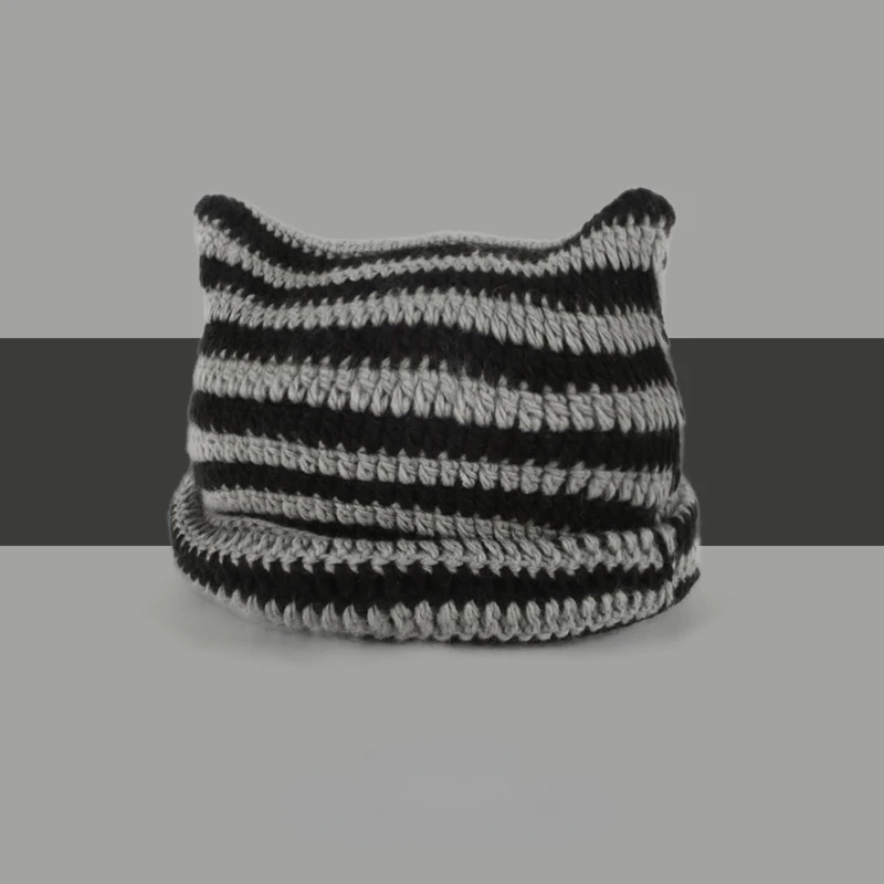Knitted Beanie Hat Little Devil Striped Cat Ears Pointed Pullover Women's Autumn and Winter