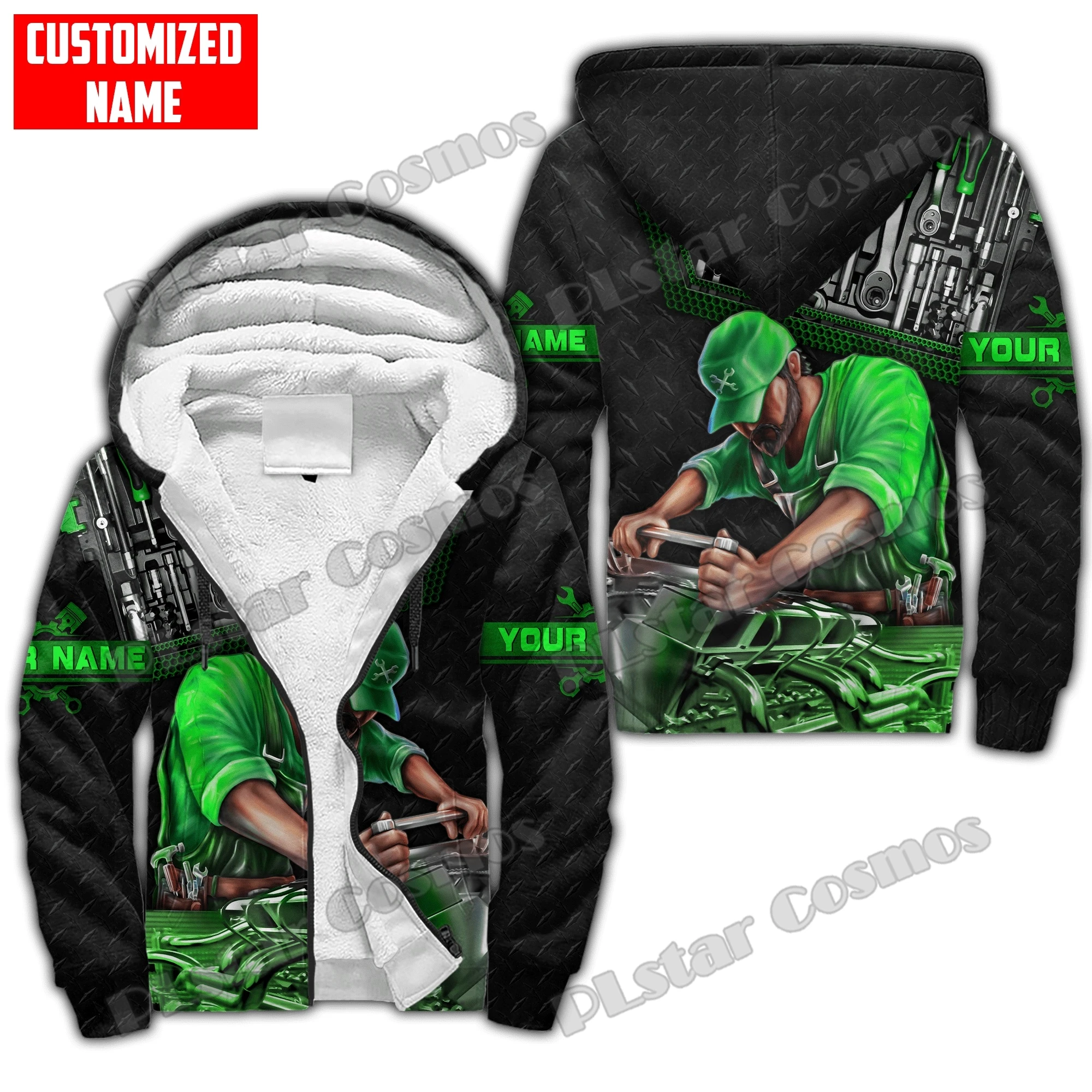 Personalisierte Name Mechaniker Schädel 3D Gedruckt Fleece Zipper Hoodies Männer Frauen Winter Warme Doppel Plus Samt Casual Jacke JR07 – Detail 10
