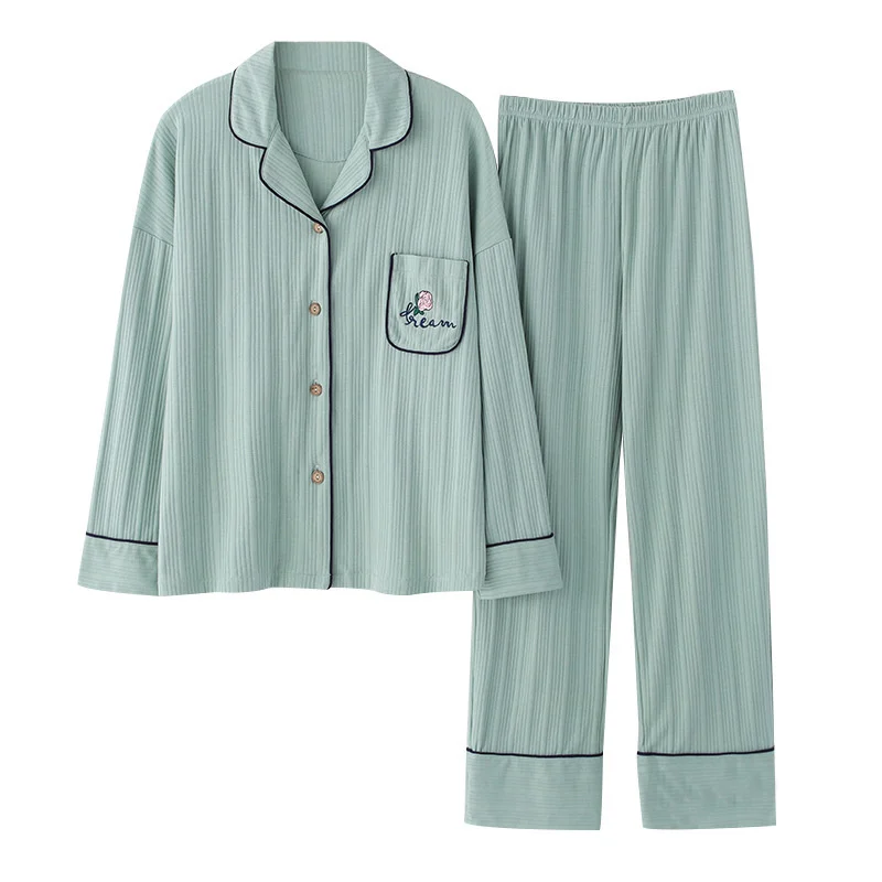 pajamas-female-spring-autumn-winter-long-sleeved-cotton-cardigan-lapel-solid-color-student-suit-leisure-home-clothes