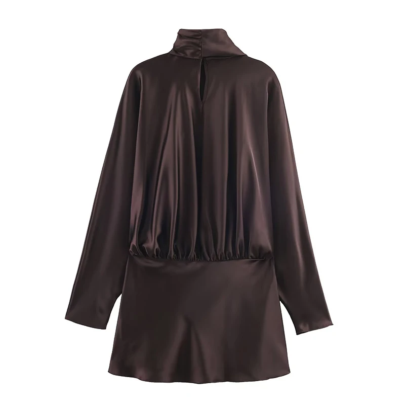 Elegant Satin Mini Dress For Women Fashion Scarf Collar Batwing Sleeve Short Dress Lady 2025 Autumn Chic Party Evening Dresses